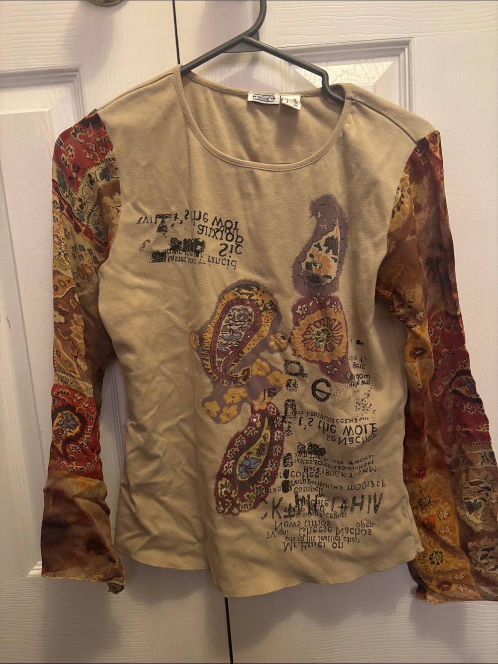 Boho Paisley Print Long-Sleeve Top - Beige